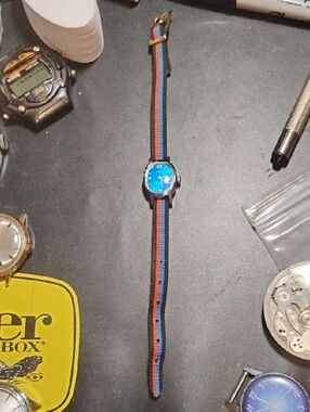 Blue Dial Timex Watch with Blue and Orange NATO Strap